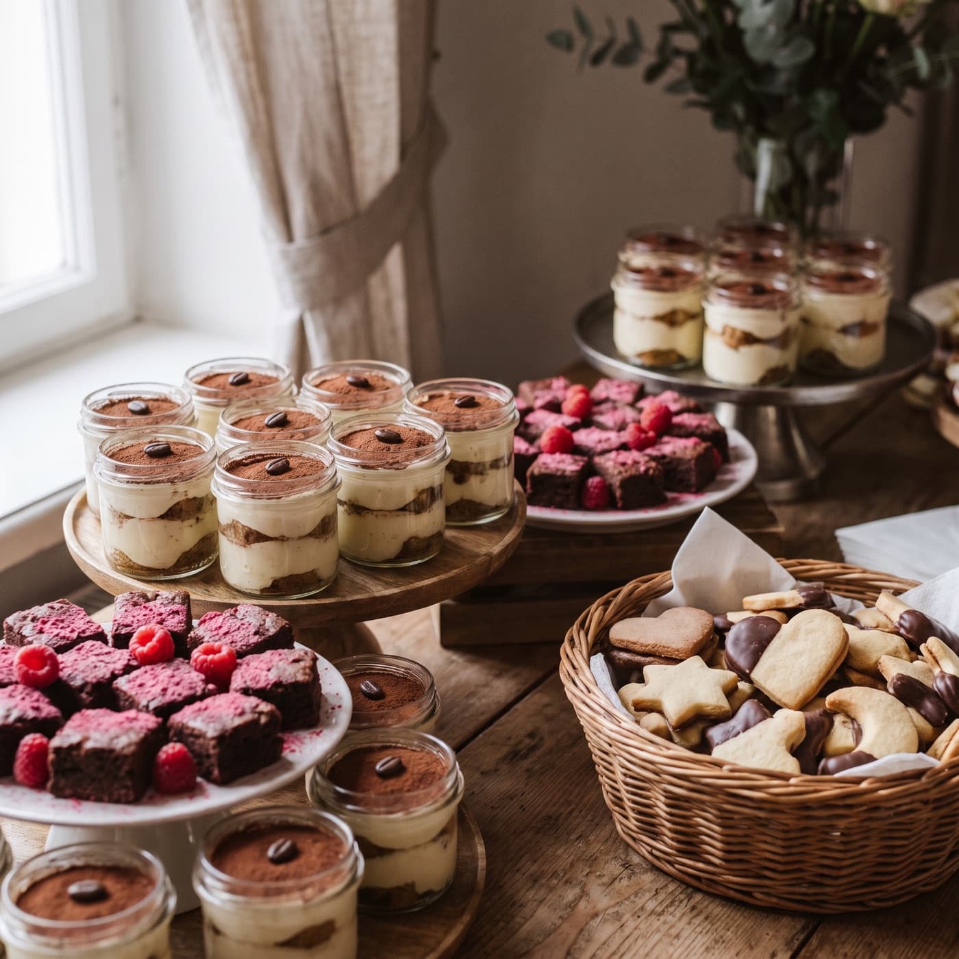 Dezertní stůl — tiramisu v kelímku, minibrownies a cukroví