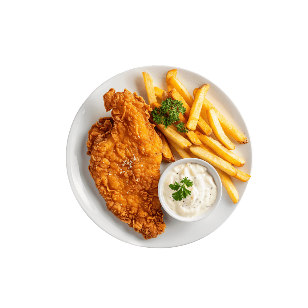 200g Smažený kuřecí řízek s hranolkami a farmářským dipem